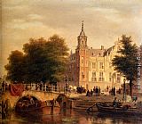 A Sunlit Townview With Figures Gathered On A Square Along A Canal by Bartholomeus Johannes Van Hove